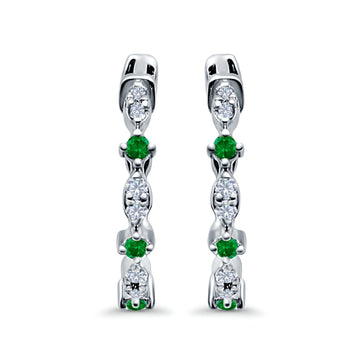 Half Eternity Huggie Hoop Earrings Round Simulated Green Emerald CZ 925 Sterling Silver (14mm)